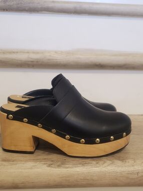 Aqua Black Leather Clog Mules with Wood Platform